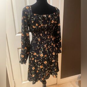 Flower Print Black Dress with Long Sleeve